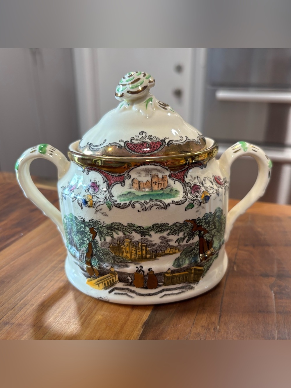 Antique Mason's Leeds England Gold Rimmed Ironstone Sugar Bowl & Lid